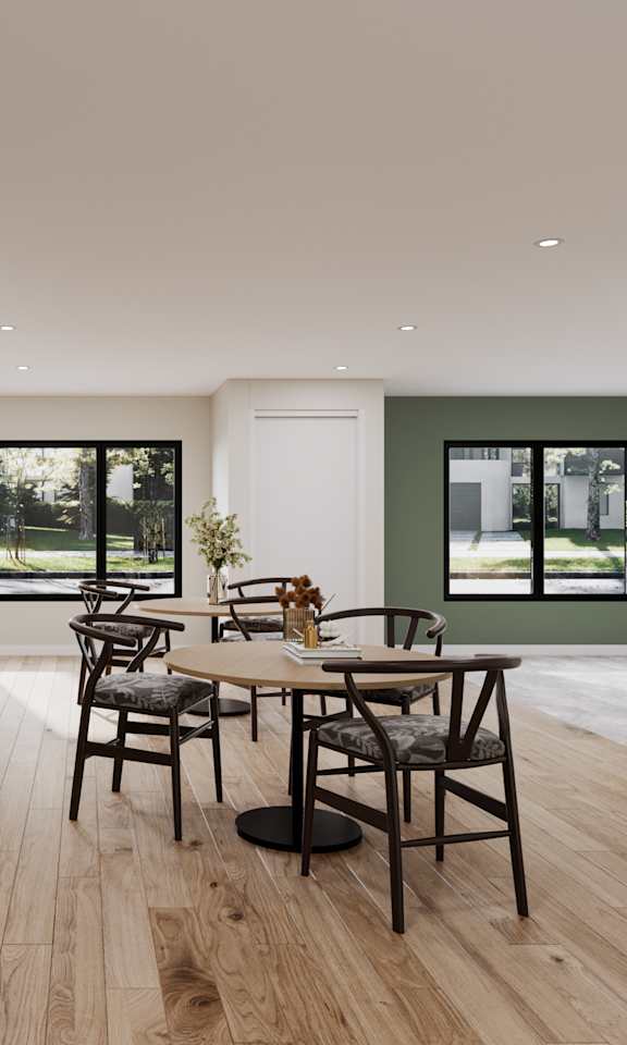 A modern dining room with wooden floors and furniture.