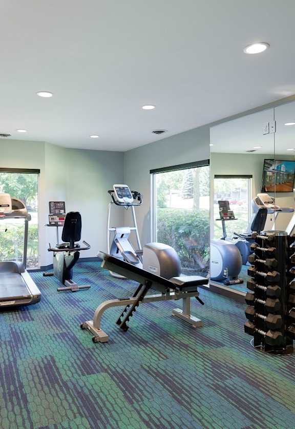 a gym with various machines and weights in a room with windows  at Pebblebrook Flats, Bloomington