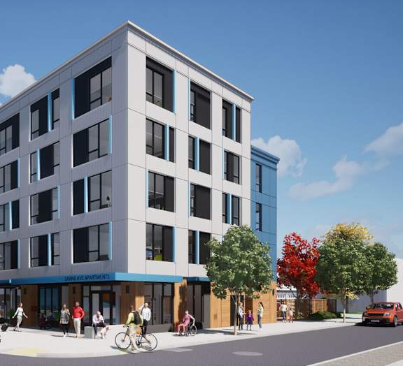 a rendering of a six story building with a blue and white awning and people walking