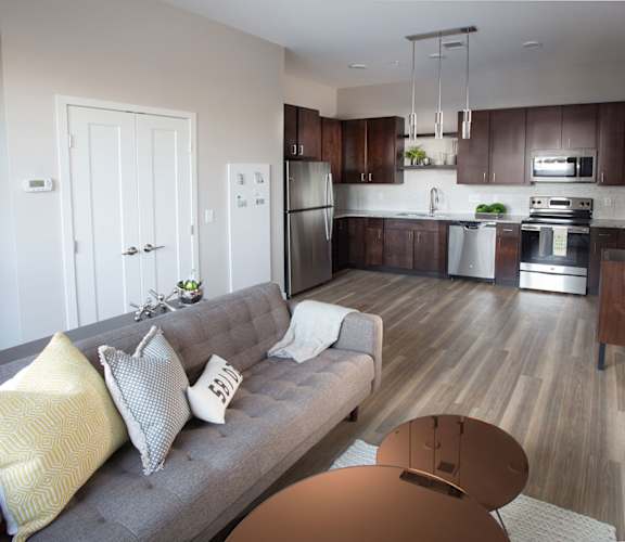 Living Room With Kitchen at RoCo Apartments, Fargo, ND, 58102