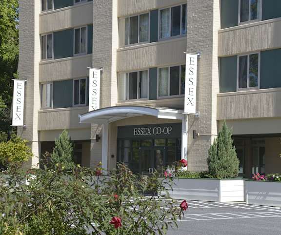 The Essex Co-op building is surrounded by greenery and has a clear blue sky in the background.
