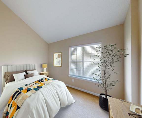 A bedroom with a large bed and a small tree.