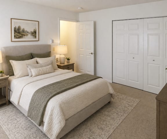 A bedroom with a large bed and a painting on the wall.
