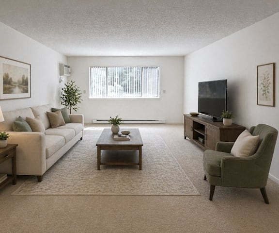A living room with a couch, coffee table, and television.