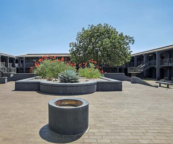 a courtyard with a fountain and plants in front of a building