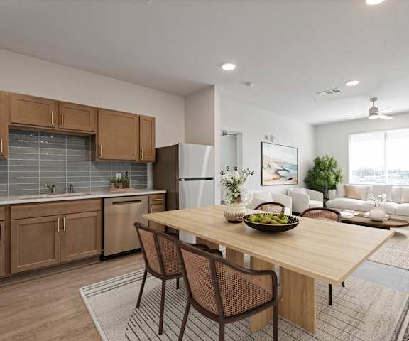 A modern kitchen with wooden cabinets and a dining table set with chairs.