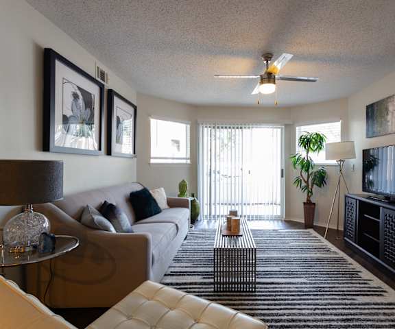 a living room with a white couch and a television