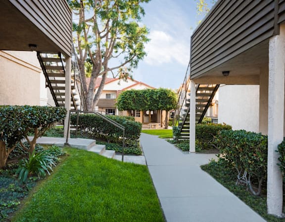 a walkway between two buildings with trees and bushes on either side of the walkway