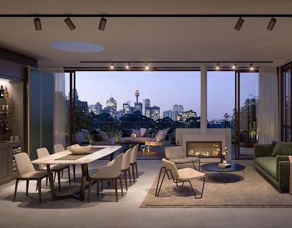 a rendering of a living room with a table and chairs