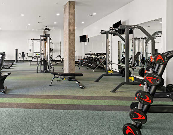 a large fitness room with cardio equipment and weights