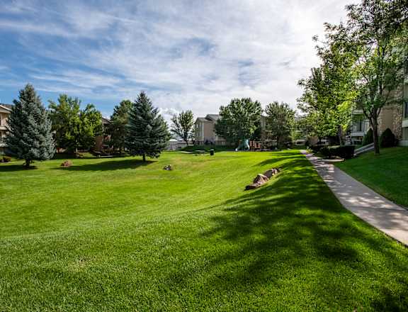 A grassy field with a walking path and trees in the background.