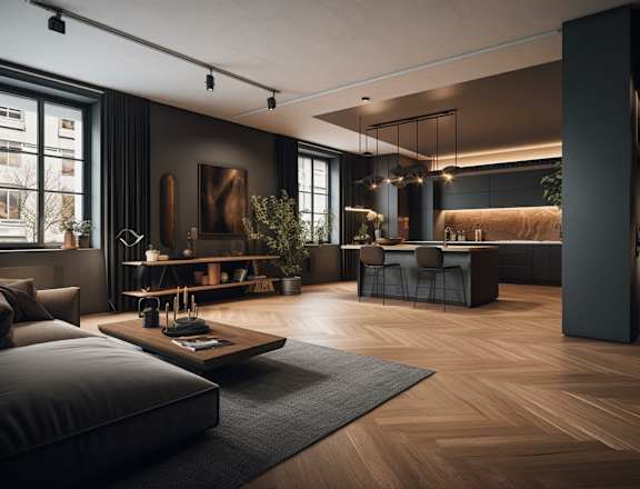 a dark living room with a bed and a bedroom