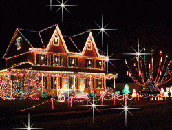 a house covered in christmas lights at night