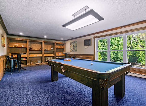 a game room with a pool table    and a bar