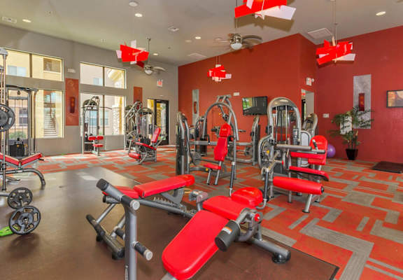 24 hour fitness center with cardio equipment and weights
