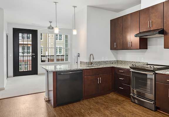 Kitchen View of Woods at Birchwood.  Wood like cabinet finishes, with a granite like countertop finish.  Black matte fridge with stainless steal electric oven.  Wood like vinyl throughout the kitchen and carpet in the living room.