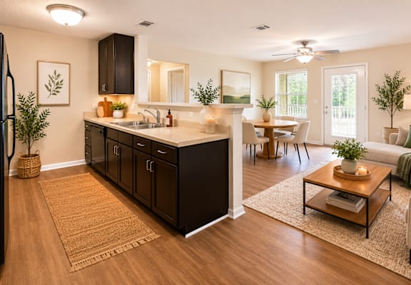 A kitchen with a black fridge and wooden floors.
