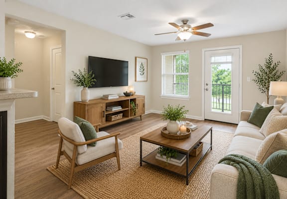 A living room with a fireplace, a chair, a coffee table, and a television.