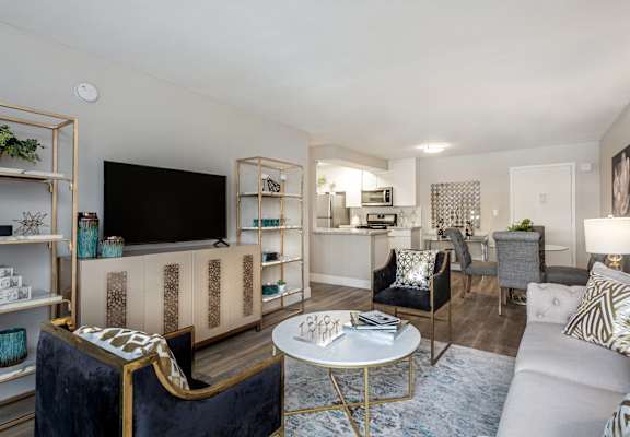 a living room with a couch and chairs and a tv