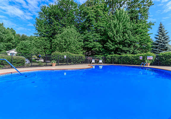 a large blue pool with a fence and trees in the background