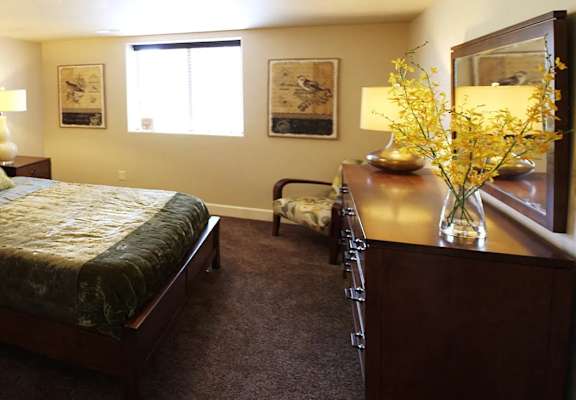 a bedroom with a bed and a dresser and a window