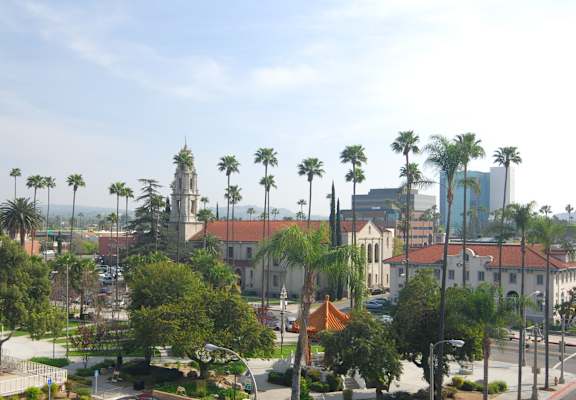 a view of a city with palm trees and buildings