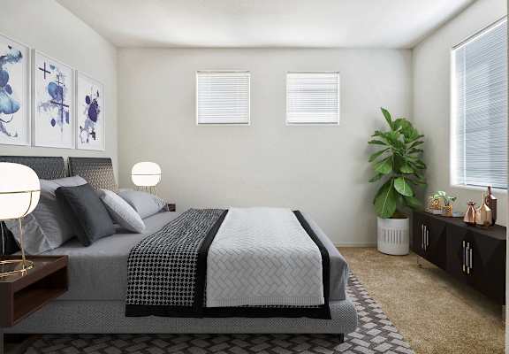 A bedroom with a large bed and a plant on the side table at Valencia at Gale Ranch, San Ramon, CA, 94582