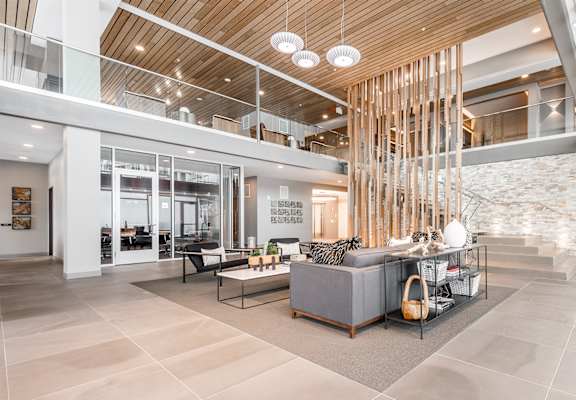 Interior view of The Preserve's clubhouse interior with second-floor sky walk
