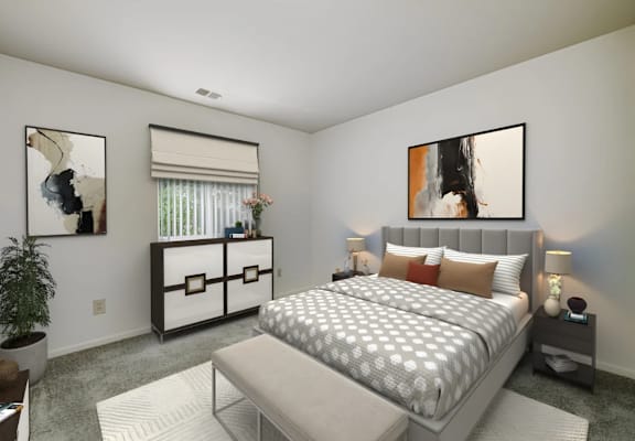 a bedroom with a bed and a table and a window