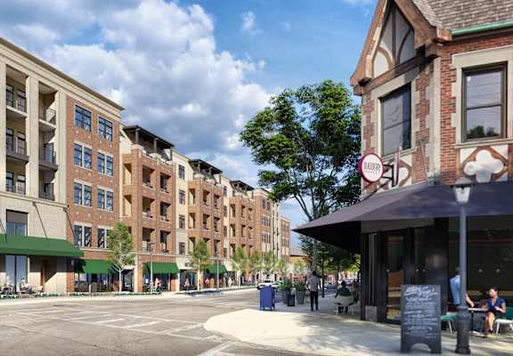 a rendering of a city street with buildings and people walking