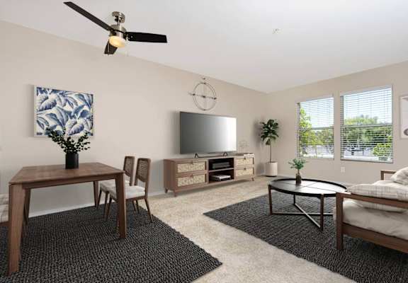 a living room with a couch and a table