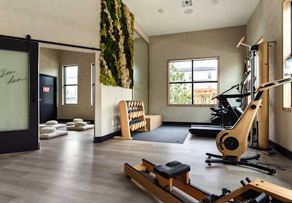 A gym with a variety of equipment including a rowing machine.