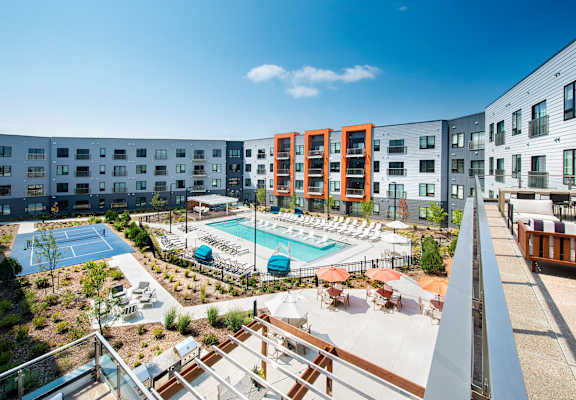 Aerial Pool View at Union Berkley Riverfront in Kansas City, MO