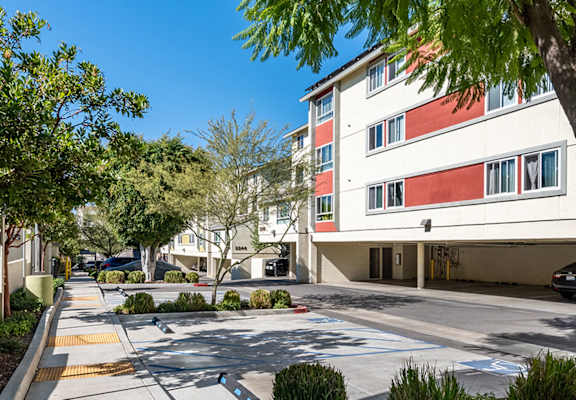 Apartment building exterior of Mission Plaza Apartments, Los Angeles, CA