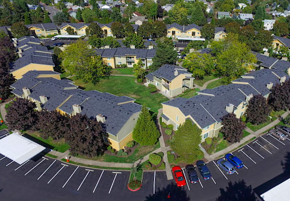 Aerial side at Commons at Hawthorn Village Apartments, Hillsboro, Oregon