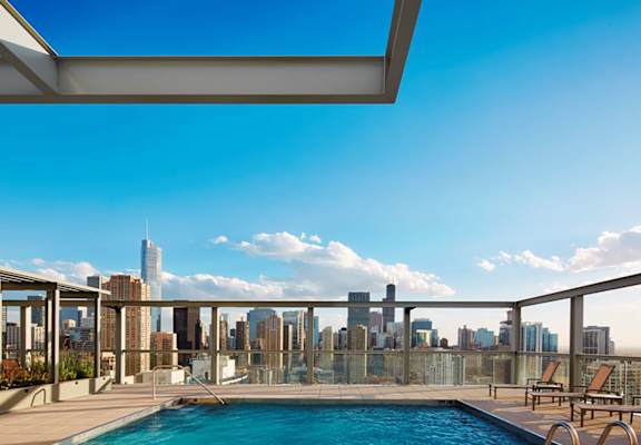 Pool View and Pretty Blue Skies at Eight O Five, Illinois