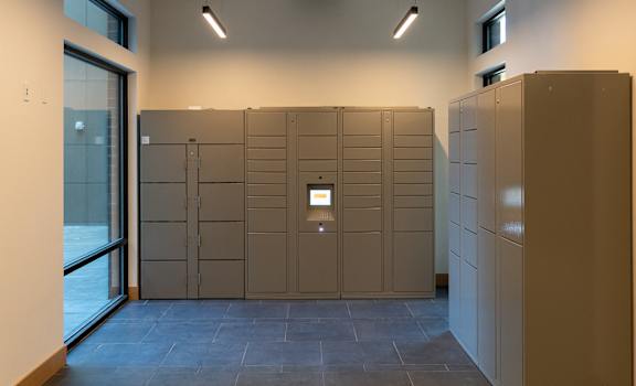 a row of lockers in a hallway at Bridgeview 125 in University Place, WA