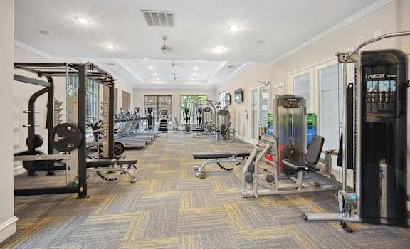 the preserve at ballantyne commons fitness room with weights and cardio equipment