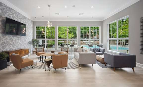 a living room with couches and chairs and a television and a pool