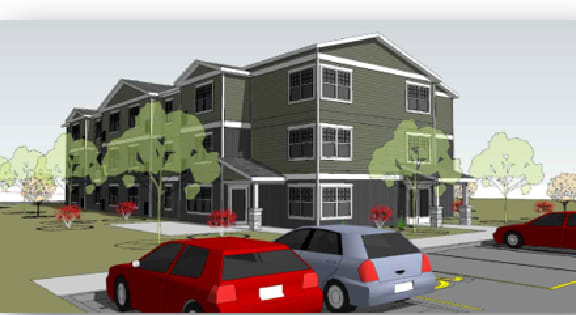 A rendering of a modern apartment building with cars parked in front.
