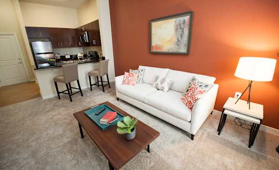 Living Room With Kitchen View at Link Apartments® Manchester, Virginia