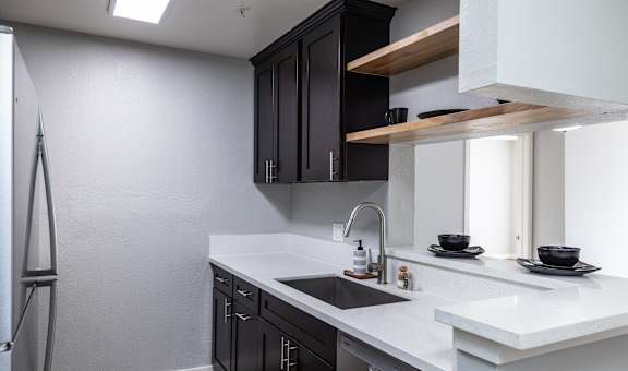 A modern kitchen with black cabinets and white countertops.