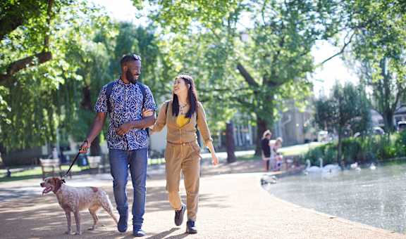 a couple walking their dog in a park
