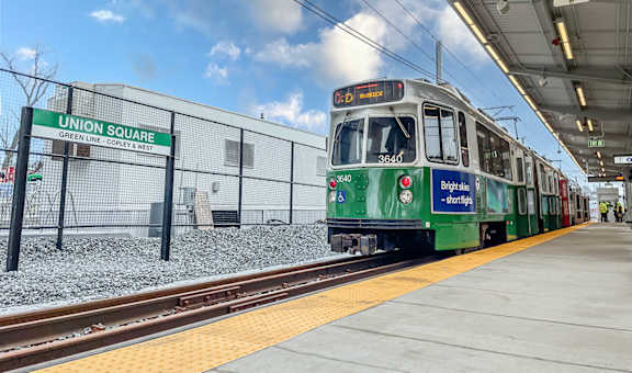 a green line train at union square stationat Union 346, Somerville