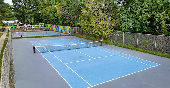 a blue tennis court with trees in the background