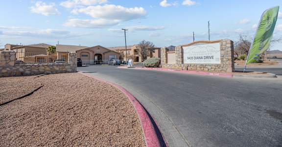 The image shows a road leading to a sign that reads "445 DIANA DRIVE".