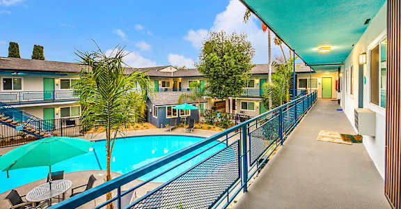 The Island Apartments view of pool from second floor walkway