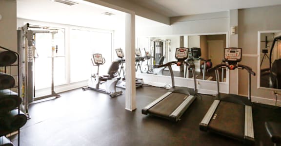a gym with cardio equipment and weights on the floor