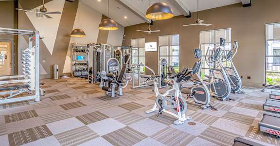 A gym with a variety of exercise equipment including treadmills, stationary bikes, and weight machines at Alys Crossing Apartments, Cypress, Texas