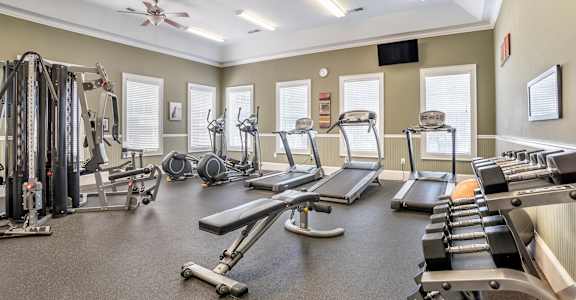 Fitness Center With Free Weights at Broadstreet at EastChase Apartments, Montgomery